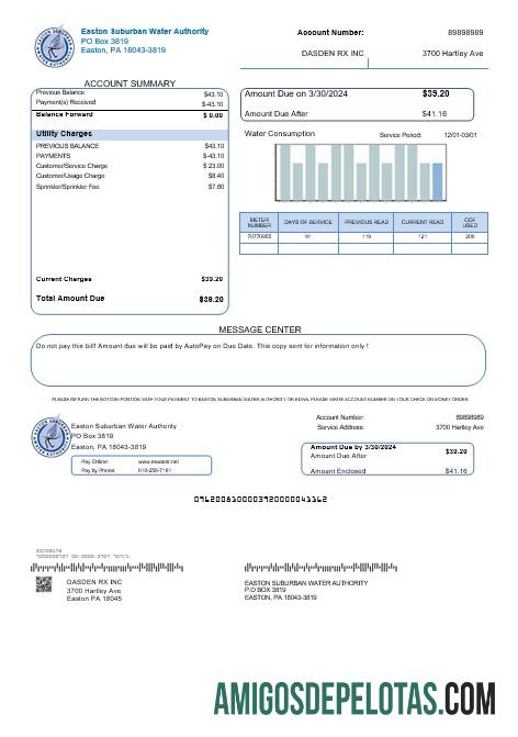 Para baixar modelo de conta de serviços públicos da Autoridade de Água Suburbana Oriental dos EUA em formatos Word e PDF